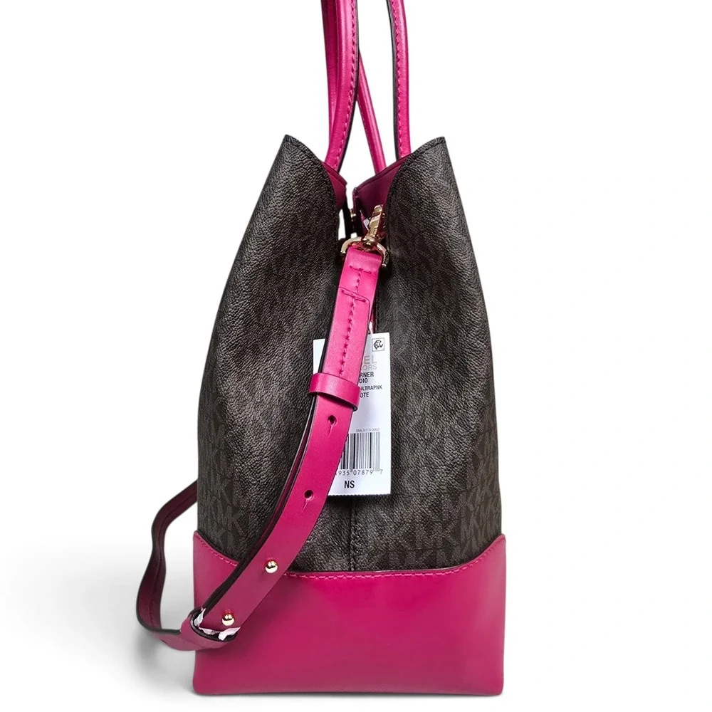 Michael Kors Mercer Corner Studio Large Center Zip Tote Brown Pink 30H7GZ5T7V